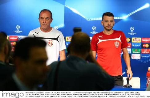 UEFA Champions League play-offs - second leg - KF Skenderbeu - press 24.08.2015., Zagreb, Croatia - Coach Mirel Josa and Bledi Shkembi of KF Skenderbeu attend a press conference PK Pressekonferenz ahead of the UEFA Europa Champions play off second leg against GNK Dinamo Zagreb. SlavkoxMidzor PIXSELL