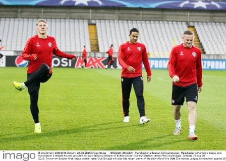 - BRUGGE, BELGIUM: Manchester s Bastian Schweinsteiger, Manchester s Memphis Depay and Manchester s Wayne Rooney pictured during a training session of British soccer club Manchester United ManU in Brugge, Tuesday 25 August 2015. Tomorrow Belgian first league soccer team Club Brugge will play the return game of the play-offs of the Uefa Champions League competition against British soccer club Manchester United FC. Manchester United won the first leg 3-1. BRUNOxFAHY x04687061x