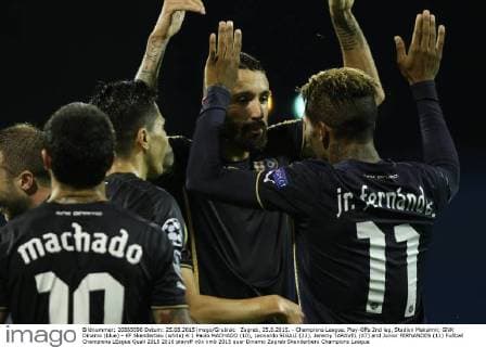 Zagreb, 25.8.2015. - Champions League, Play-Offs 2nd leg, Stadion Maksimir, GNK Dinamo (blue) - KF Skenderbeu (white) 4:1 Paulo MACHADO (10), Leonardo SIGALI (22), Jeremy TARAVEL (87) and Junior FERNANDES (11)