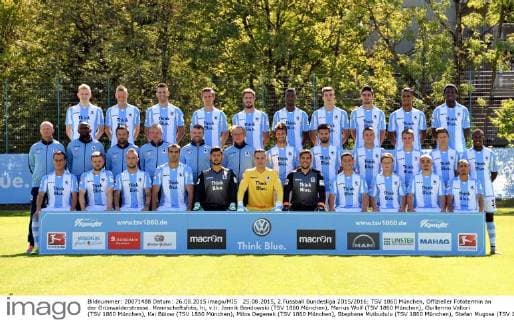 25.08.2015, 2.Fussball Bundesliga 2015 2016: TSV 1860 München, Offizieller Fototermin an der Grünwalderstrasse. Mannschaftsfoto, hi, v.li: Jannik Bandowski (TSV 1860 München), Marius Wolf (TSV 1860 München), Guillermo Vallori (TSV 1860 München), Kai Bülow (TSV 1860 München), Milos Degenek (TSV 1860 München), Stephane Mvibudulu (TSV 1860 München), Stefan Mugosa (TSV 1860 München), Christopher Schindler (TSV 1860 München), Rubin Okotie (TSV 1860 München), Rodnei (TSV 1860 München). mittlere Reihe v.li: Trainer Torsten Fröhling (TSV 1860 München), Co-Trainer Collin Benjamin (TSV 1860 München), Co-Trainer Thomas Kupper (TSV 1860 München), Torwarttrainer Kurt Kowarz (TSV 1860 München), Fitnesstrainer Ingo Seibert (TSV 1860 München), Hans Baudisch, Gary Kagelmacher (TSV 1860 München), Valdet Rama (TSV 1860 München), Vladimir Kovac (TSV 1860 München), Emanuel Taffertshofer (TSV 1860 München), Krisztian Simon (TSV 1860 München), Romuald Lacazette (TSV 1860 München), vorne, v.li: Michael Liendl (TSV 1860 München), Stephan Hain (TSV 1860 München), Daniel Adlung (TSV 1860 München), Fejsal Mulic (TSV 1860 München), Torwart Michael Netolitzky (TSV 1860 München), Torwart Vitus Eicher (TSV 1860 München), Torwart Stefan Ortega (TSV 1860 München), Maximilian Wittek (TSV 1860 München), Richard Neudecker (TSV 1860 München), Korbinian Vollmann (TSV 1860 München), Daylon Claasen (TSV 1860 München).