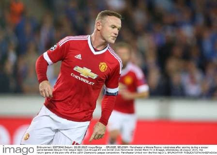 - BRUGGE, BELGIUM: Manchester s Wayne Rooney celebrates after scoring during a soccer game between Belgian first league team Club Brugge KV and British club Manchester United ManU FC in Brugge, Wednesday 26 August 2015, the return game of the play-offs of the UEFA Champions League competition. Manchester United won the first leg 3-1. BRUNOxFAHY x04687502x