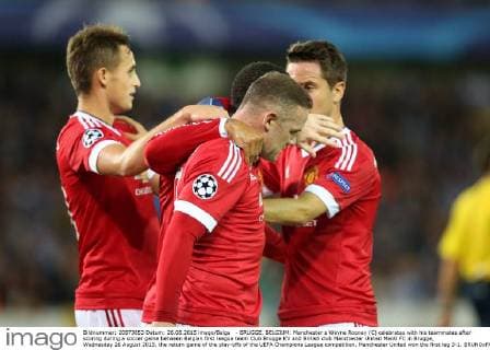 - BRUGGE, BELGIUM: Manchester s Wayne Rooney (C) celebrates with his teammates after scoring during a soccer game between Belgian first league team Club Brugge KV and British club Manchester United ManU FC in Brugge, Wednesday 26 August 2015, the return game of the play-offs of the UEFA Champions League competition. Manchester United won the first leg 3-1. BRUNOxFAHY x04687504x