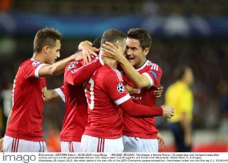 - BRUGGE, BELGIUM: Manchester s Wayne Rooney (C) celebrates with his teammates after scoring during a soccer game between Belgian first league team Club Brugge KV and British club Manchester United ManU FC in Brugge, Wednesday 26 August 2015, the return game of the play-offs of the UEFA Champions League competition. Manchester United won the first leg 3-1. BRUNOxFAHY x04687505x