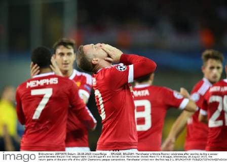 - BRUGGE, BELGIUM: Manchester s Wayne Rooney celebrates after scoring during a soccer game between Belgian first league team Club Brugge KV and British club Manchester United ManU FC in Brugge, Wednesday 26 August 2015, the return game of the play-offs of the UEFA Champions League competition. Manchester United won the first leg 3-1. BRUNOxFAHY x04687509x