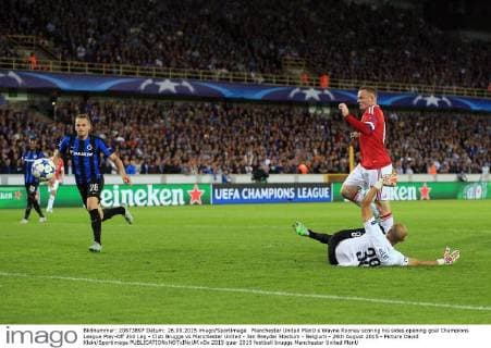 Manchester United ManU s Wayne Rooney scoring his sides opening goal Champions League Play-Off 2nd Leg - Club Brugge vs Manchester United - Jan Breydel Stadium - Belgium - 26th August 2015 - Picture David Klein Sportimage EDITORIAL USE ONLY. No use with unauthorised audio, video, data, fixture lists, club league logos or live services. Online in-match use limited to 120 images, no video emulation. No use in betting, games or single club league player publications.