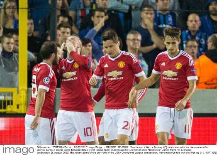 - BRUGGE, BELGIUM: Manchester s Wayne Rooney (C) celebrates with his teammates after scoring during a soccer game between Belgian first league team Club Brugge KV and British club Manchester United ManU FC in Brugge, Wednesday 26 August 2015, the return game of the play-offs of the UEFA Champions League competition. Manchester United won the first leg 3-1. KURTxDESPLENTER x04687518x