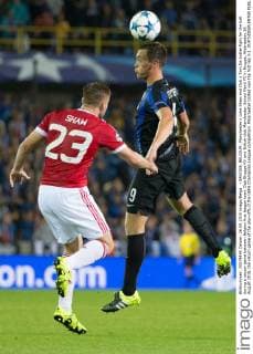 - BRUGGE, BELGIUM: Manchester s Luke Shaw and Club s Tom De Sutter fight for the ball during a soccer game between Belgian first league team Club Brugge KV and British club Manchester United ManU FC in Brugge, Wednesday 26 August 2015, the return game of the play-offs of the UEFA Champions League competition. Manchester United won the first leg 3-1. KURTxDESPLENTER x04687612x