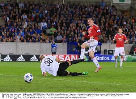 Manchester United ManU s Wayne Rooney scoring his third goal Champions League Play-Off 2nd Leg - Club Brugge vs Manchester United - Jan Breydel Stadium - Belgium - 26th August 2015 - Picture David Klein Sportimage EDITORIAL USE ONLY. No use with unauthorised audio, video, data, fixture lists, club league logos or live services. Online in-match use limited to 120 images, no video emulation. No use in betting, games or single club league player publications.