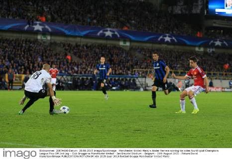 Manchester United ManU s Ander Herrera scoring his sides fourth goal Champions League Play-Off 2nd Leg - Club Brugge vs Manchester United - Jan Breydel Stadium - Belgium - 26th August 2015 - Picture David Klein Sportimage EDITORIAL USE ONLY. No use with unauthorised audio, video, data, fixture lists, club league logos or live services. Online in-match use limited to 120 images, no video emulation. No use in betting, games or single club league player publications.