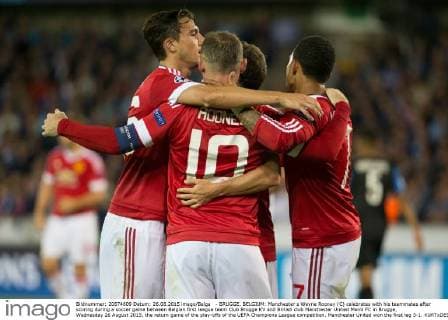 - BRUGGE, BELGIUM: Manchester s Wayne Rooney (C) celebrates with his teammates after scoring during a soccer game between Belgian first league team Club Brugge KV and British club Manchester United ManU FC in Brugge, Wednesday 26 August 2015, the return game of the play-offs of the UEFA Champions League competition. Manchester United won the first leg 3-1. KURTxDESPLENTER x04687648x