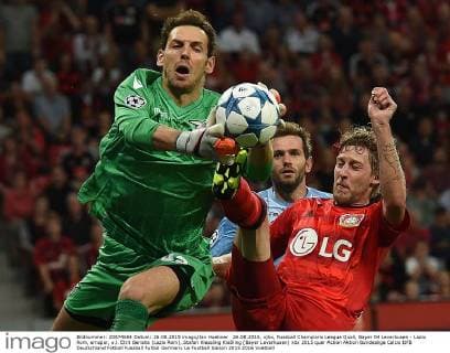 26.08.2015, xjhx, Fussball Champions League Quali, Bayer 04 Leverkusen - Lazio Rom, emspor, v.l. Etrit Berisha (Lazio Rom), Stefan Kiessling Kießling (Bayer Leverkusen)
