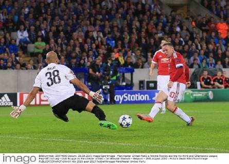 Manchester United ManU s Wayne Rooney scoring his third goal Champions League Play-Off 2nd Leg - Club Brugge vs Manchester United - Jan Breydel Stadium - Belgium - 26th August 2015 - Picture David Klein Sportimage EDITORIAL USE ONLY. No use with unauthorised audio, video, data, fixture lists, club league logos or live services. Online in-match use limited to 120 images, no video emulation. No use in betting, games or single club league player publications.