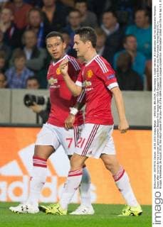 - BRUGGE, BELGIUM: Manchester s Ander Herrera (R) celebrates with his teammate Memphis Depay after scoring during a soccer game between Belgian first league team Club Brugge KV and British club Manchester United ManU FC in Brugge, Wednesday 26 August 2015, the return game of the play-offs of the UEFA Champions League competition. Manchester United won the first leg 3-1. KURTxDESPLENTER x04687664x