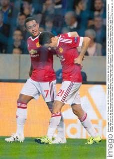 - BRUGGE, BELGIUM: Manchester s Ander Herrera (R) celebrates with his teammate Memphis Depay after scoring during a soccer game between Belgian first league team Club Brugge KV and British club Manchester United ManU FC in Brugge, Wednesday 26 August 2015, the return game of the play-offs of the UEFA Champions League competition. Manchester United won the first leg 3-1. KURTxDESPLENTER x04687666x