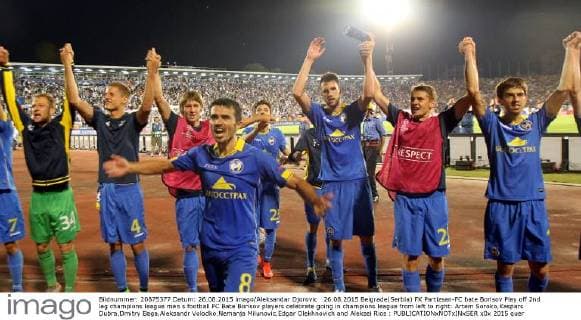 26.08.2015 Belgrade(Serbia) FK Partizsan-FC bate Borisov Play off 2nd leg champions league men s football FC Bate Borisov players celebrate going in champions league from left to right: Artem Soroko,Kaspars Dubra,Dmitry Baga,Aleksandr Volodko,Nemanja Milunovic,Edgar Olekhnovich and Aleksei Rios :