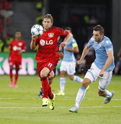 Stefan Kießling (Bayer 04 Leverkusen) (L) against Stefan Vrij (Lazio Rom) during the Championsleague Qualification between Bayer 04 Leverkusen and Lazio Rom, Bayarena in Leverkusen on August 26., 2015. Bayer 04 Leverkusen vs. Lazi Rom in der Qualifikation der Champions League der Saison 2015 2016 am 26. August 2015.