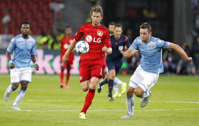 Stefan Kießling (Bayer 04 Leverkusen) (L) against Stefan Vrij (Lazio Rom) during the Championsleague Qualification between Bayer 04 Leverkusen and Lazio Rom, Bayarena in Leverkusen on August 26., 2015. Bayer 04 Leverkusen vs. Lazi Rom in der Qualifikation der Champions League der Saison 2015 2016 am 26. August 2015.