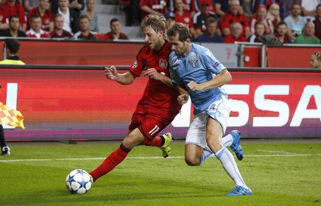 Stefan Kießling (Bayer 04 Leverkusen) (L) against Patric (Lazio Rom) during the Championsleague Qualification between Bayer 04 Leverkusen and Lazio Rom, Bayarena in Leverkusen on August 26., 2015. Bayer 04 Leverkusen vs. Lazi Rom in der Qualifikation der Champions League der Saison 2015 2016 am 26. August 2015.