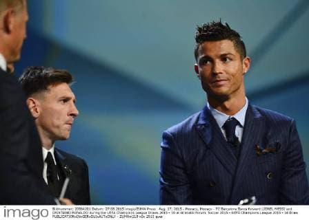 Aug. 27, 2015 - Monaco, Monaco - FC Barcelona Barca forward LIONEL MESSI and CRISTIANO RONALDO during the UEFA Champions League Draws 2015 - 16 at Grimaldi Forum. Soccer 2015 - UEFA Champions League 2015 - 16 Draw - ZUMAm119