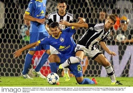 26.08.2015 Belgrade(Serbia) FK Partizan-FC Bate Borisov 2nd leg play off champions league men s football Aleksandr Volodko(L) FC Bate Borisov stopped Darko Brasanac(r) FK Partizan :