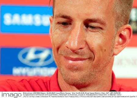 Wien 01.09.2015, Ernst Happel Stadion, Wien, AUT, UEFA EURO EM Europameisterschaft Fussball 2016 Qualifikation, Oesterreich vs Moldawien, Gruppe G, Pressekonferenz Oesterreich, im Bild Marc Janko (AUT) during a press conference PK Pressekonferenz of Team Austria (AUT) in front of the UEFA European Championship EM Europameisterschaft Qualifier Match between Austria (AUT) and Moldova (MDA) at the Ernst Happel Stadion, Vienna, Austria on 2015 09 01. EX_PUC
