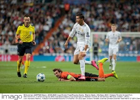 Madrid, Spain. 15th Sept. 2015: Cristiano Ronaldo forward from Real Madrid CF, in action during the UEFA Champions League group stage against Shakhtar Donetsk at the Santiago Bernabeu stadium. (Photo: Ivan Abanades Medina).