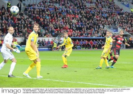 Admir MEHMEDI, Lev 14 Torschuss, schiesst das Tor zum 1-0 BAYER 04 LEVERKUSEN - FC BATE BORISOV , Fussball UEFA Champions League, Gruppenphase, Leverkusen, 16.09.2015 CL Saison 2015 2016,