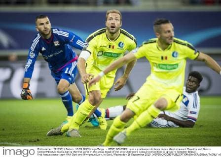 - GENT, BELGIUM: Lyon s goalkeeper Anthony Lopes, Gent s Laurent Depoitre and Gent s Danijel Milicevic reacts during the first game in the group stage of the Uefa Champions League competition, in group H, between Belgian first league soccer team KAA Gent and Olympique Lyon, in Gent, Wednesday 16 September 2015. JASPERxJACOBS x04701459x