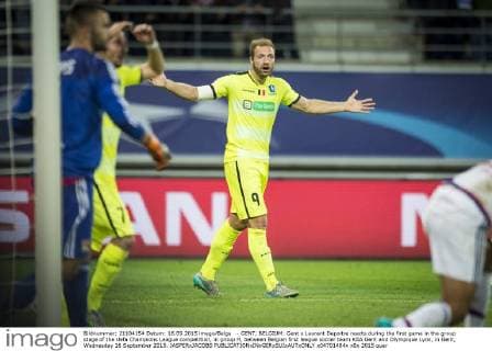 - GENT, BELGIUM: Gent s Laurent Depoitre reacts during the first game in the group stage of the Uefa Champions League competition, in group H, between Belgian first league soccer team KAA Gent and Olympique Lyon, in Gent, Wednesday 16 September 2015. JASPERxJACOBS x04701484x