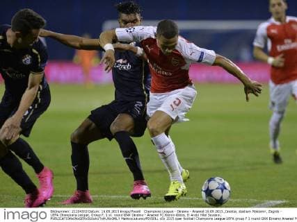 Champions League - Dinamo - Arsenal 16.09.2015.,Croatia, stadium Maksimir, Zagreb - UEFA Champions League, Group F, 1 st. round GNK Dinamo - Arsenal FC.Kieran Gibbs, El Arabi Hilal Soudani. MarkoxLukunic PIXSELL