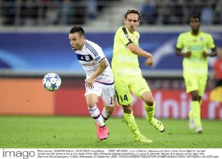- GENT, BELGIUM: Lyon s Mathieu Valbuena and Gent s Sven Kums fight for the ball during the first game in the group stage of the Uefa Champions League competition, in group H, between Belgian first league soccer team KAA Gent and Olympique Lyon, in Gent, Wednesday 16 September 2015. YORICKxJANSENS x04701561x