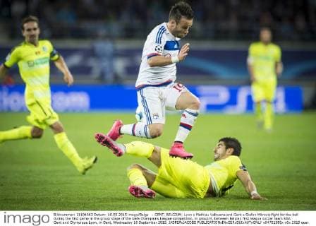 - GENT, BELGIUM: Lyon s Mathieu Valbuena and Gent s Stefan Mitrovic fight for the ball during the first game in the group stage of the Uefa Champions League competition, in group H, between Belgian first league soccer team KAA Gent and Olympique Lyon, in Gent, Wednesday 16 September 2015. JASPERxJACOBS x04701585x