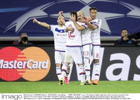 - GENT, BELGIUM: Lyon s Christophe Jallet celebrates after scoring during the first game in the group stage of the Uefa Champions League competition, in group H, between Belgian first league soccer team KAA Gent and Olympique Lyon, in Gent, Wednesday 16 September 2015. YORICKxJANSENS x04701616x