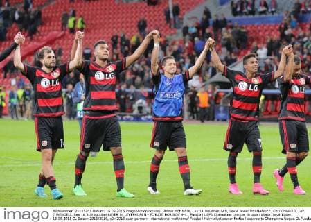 Admir MEHMEDI, Lev 14 Jonathan TAH, Lev 4 Javier HERNANDEZ, CHICCHARITO, Lev 7 WENDELL, Lev 18 Schlussjubel BAYER 04 LEVERKUSEN - FC BATE BORISOV 4-1 , Fussball UEFA Champions League, Gruppenphase, Leverkusen, 16.09.2015 CL Saison 2015 2016,