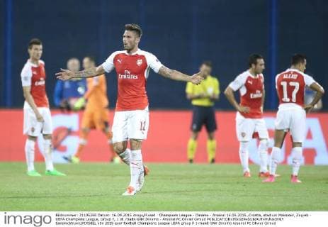 Champions League - Dinamo - Arsenal 16.09.2015.,Croatia, stadium Maksimir, Zagreb - UEFA Champions League, Group F, 1 st. roudn GNK Dinamo - Arsenal FC.Olivier Giroud SanjinxStrukic PIXSELL