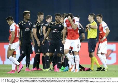 Champions League - Dinamo - Arsenal 16.09.2015.,Croatia, stadium Maksimir, Zagreb - UEFA Champions League, Group F, 1 st. roudn GNK Dinamo - Arsenal FC. El Arbi Hillel Soudani, Olivier Giroud. SanjinxStrukic PIXSELL