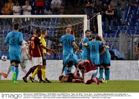 Sept. 16, 2015 - Rome, Itay - Luis Suarez celebrates after scoring his team s first goal during the UEFA Champions League match between AS Roma and FC Barcelona Barca at Stadio Olimpico in Rome on September 16, 2015. AS Roma v FC Barcelona - UEFA Champions League - ZUMAn230