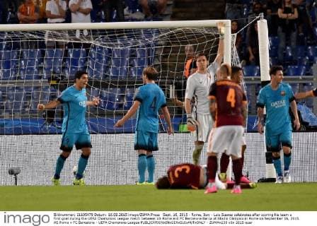 Sept. 16, 2015 - Rome, Itay - Luis Suarez celebrates after scoring his team s first goal during the UEFA Champions League match between AS Roma and FC Barcelona Barca at Stadio Olimpico in Rome on September 16, 2015. AS Roma v FC Barcelona - UEFA Champions League - ZUMAn230