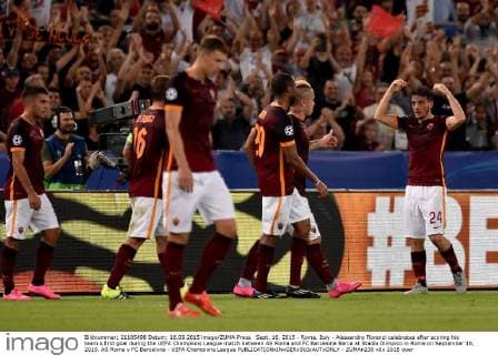 Sept. 16, 2015 - Rome, Itay - Alessandro Florenzi celebrates after scoring his team s first goal during the UEFA Champions League match between AS Roma and FC Barcelona Barca at Stadio Olimpico in Rome on September 16, 2015. AS Roma v FC Barcelona - UEFA Champions League - ZUMAn230