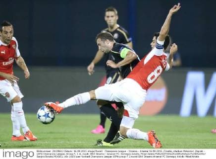 Champions League - Dinamo - Arsenal 16.09.2015.,Croatia, stadium Maksimir, Zagreb - UEFA Champions League, Group F, 1 st. roudn GNK Dinamo - Arsenal FC. Domagoj Antolic, Mikel Arteta SanjinxStrukic PIXSELL