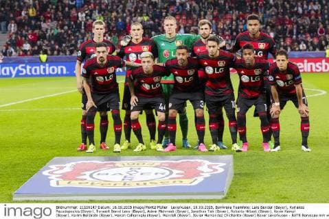 Leverkusen, 16.09.2015, BayArena Teamfoto: Lars Bender (Bayer), Kyriakos Papadopoulos (Bayer), Torwart Bernd Leno (Bayer), Admir Mehmedi (Bayer), Jonathan Tah (Bayer), Roberto Hilbert (Bayer), Kevin Kampl (Bayer), Karim Bellarabi (Bayer), Hakan Calhanoglu (Bayer), Wendell (Bayer), Javier Hernandez Chicharito (Bayer) Bayer Leverkusen - BATE Baryssau mm