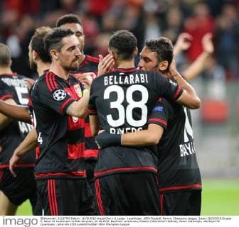 Leverkusen, UEFA Fussball, Herren, Champions League, Saison 2015 2016,Gruppe E, Bayer 04 Leverkusen vs Bate Baryssau, 16.09.2015, BayArena Leverkusen, Roberto Hilbert,Karim Bellrabi, Hakan Calhanoglu, alle Bayer 04 Leverkusen , jubel