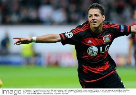 Fussball, UEFA Champions League, Herren, Saison 2015 2016, Gruppe E, 1. Spieltag, BayArena Leverkusen, Bayer Leverkusen (rot) - BATE Borisov (gelb) 4:1; Jubel Javier Hernandez Chicharito (Leverkusen) nach seinem Tor zum 3:1. Jubel, Freude, Aktion, Einzelbild.