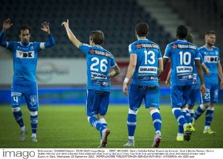 - GENT, BELGIUM: Gent s Rafinha Rafael Scapini de Almeida, Gent s Benito Raman, Gent s Stefan Mitrovic and Gent s Renato Neto celebrate after scoring during a Croky Cup 1 16 final game between AA Gent and second division team Eupen, in Gent, Wednesday 23 September 2015. JASPERxJACOBS x04706903x