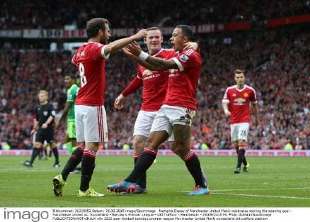 Memphis Depay of Manchester United ManU celebrates scoring the opening goal - Manchester United vs. Sunderland - Barclay s Premier League - Old Trafford - Manchester - 26 09 2015 Pic Philip Oldham SportImage EDITORIAL USE ONLY. No use with unauthorised audio, video, data, fixture lists, club league logos or live services. Online in-match use limited to 120 images, no video emulation. No use in betting, games or single club league player publications.