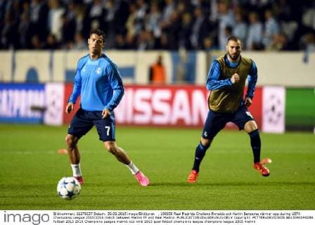 , 150930 Real Madrids Cristiano Ronaldo och Karim Benzema värmer upp during UEFA Champions League 2015 2016 match between Malmö FF and Real Madrid. Copyright: PETTERxARVIDSON BB150930PA086