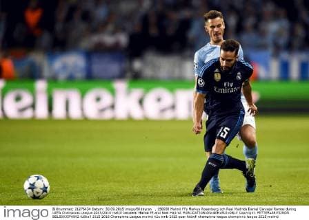 , 150930 Malmö FFs Markus Rosenberg och Real Madrids Daniel Carvajal Ramos during UEFA Champions League 2015 2016 match between Malmö FF and Real Madrid. Copyright: PETTERxARVIDSON BB150930PA092