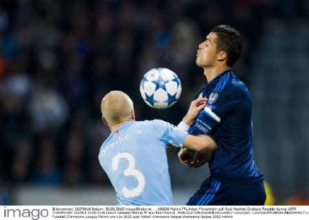 , 150930 Malmö FFs Anton Tinnerholm och Real Madrids Cristiano Ronaldo during UEFA CHAMPIONS LEAGUE 2015 2016 match between Malmö FF and Real Madrid.. Copyright: LUDVIGxTHUNMAN BB150930LT113