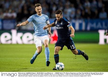 , 150930 Malmö FFs Markus Rosenberg och Real Madrids Daniel Carvajal Ramos during UEFA CHAMPIONS LEAGUE 2015 2016 match between Malmö FF and Real Madrid.. Copyright: PETTERxARVIDSON BB150930PA250