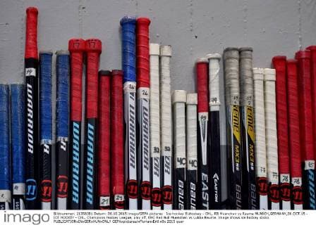 Ice hockey Eishockey - CHL, RB Muenchen vs Rauma MUNICH,GERMANY,06.OCT.15 - ICE HOCKEY - CHL, Champions Hockey League, play off, EHC Red Bull Muenchen vs Lukko Rauma. Image shows ice hockey sticks. GEPAxpictures xFlorianxErtl